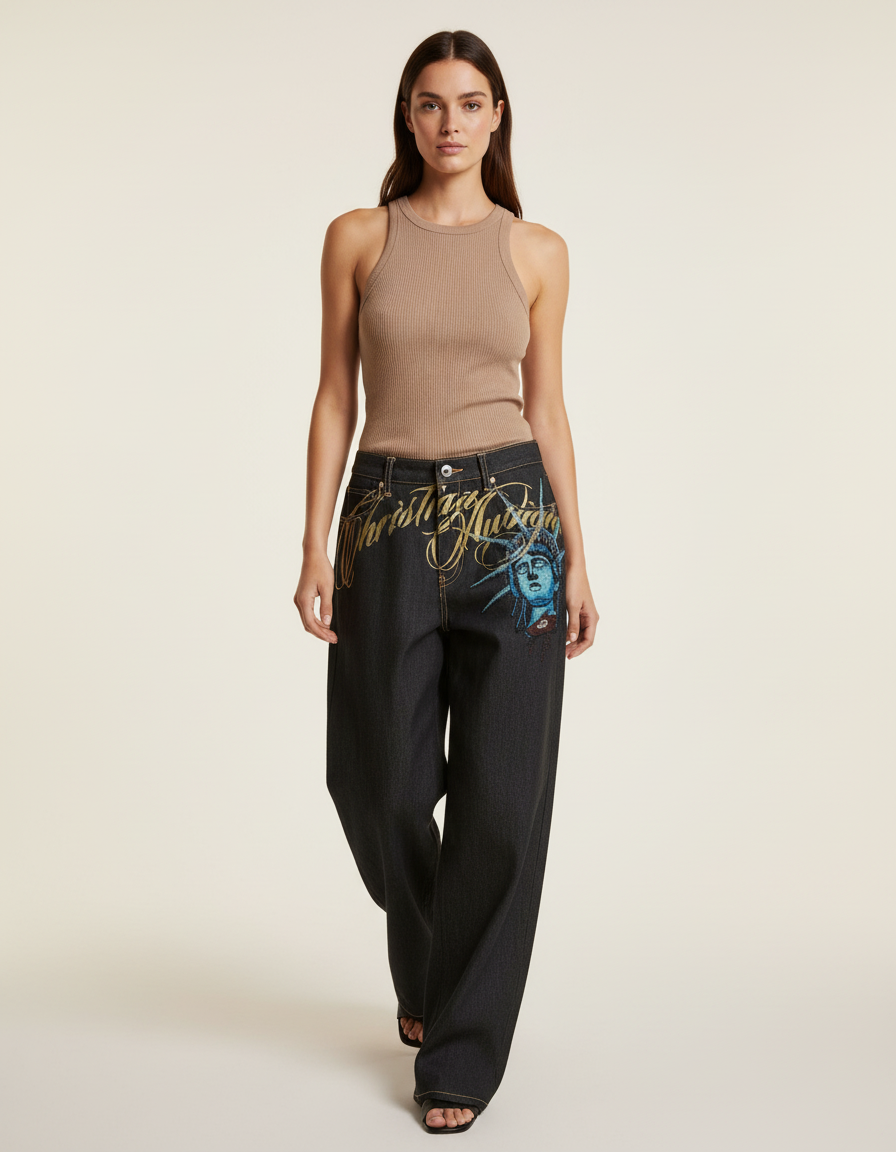 Pantalon Baggy Noir Denim Large Imprimé Statue Brodé - Jean