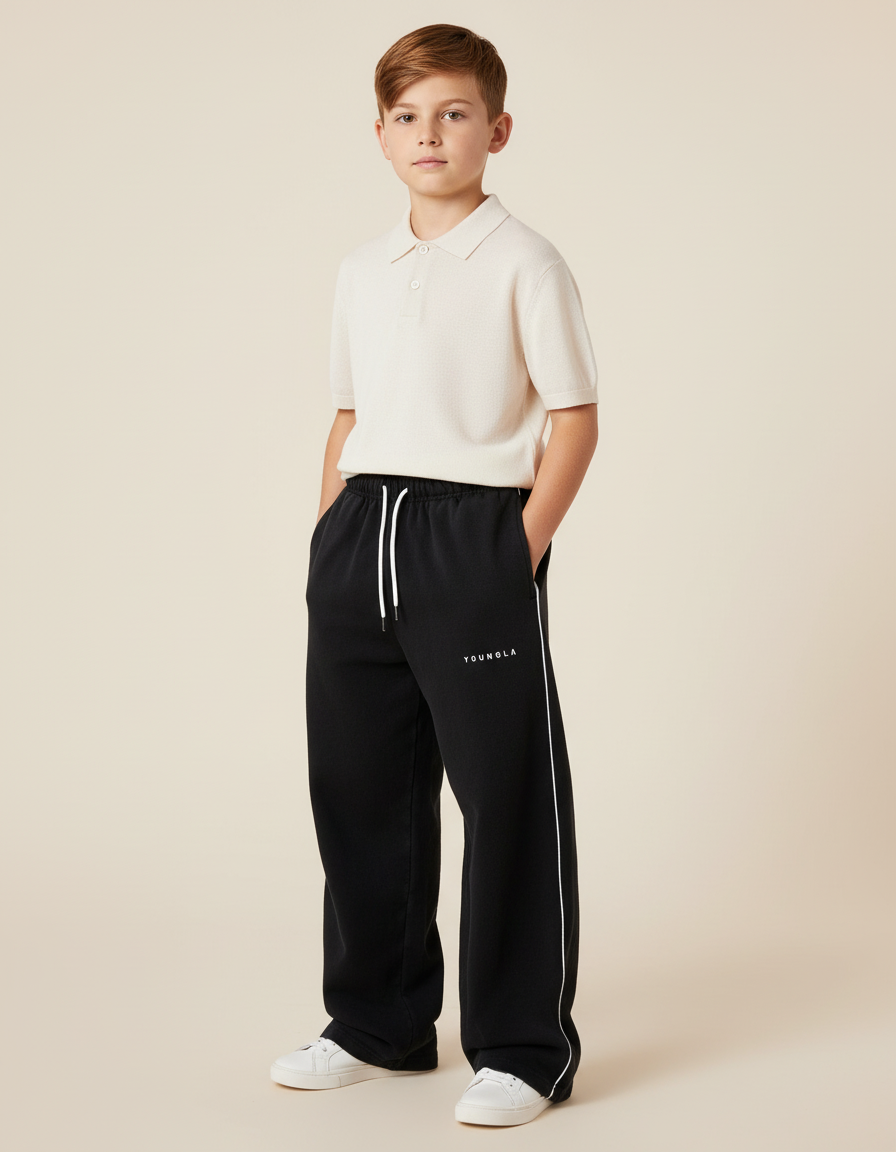 Pantalon Baggy Noir Ample Cordon Brodé Enfant - Molleton