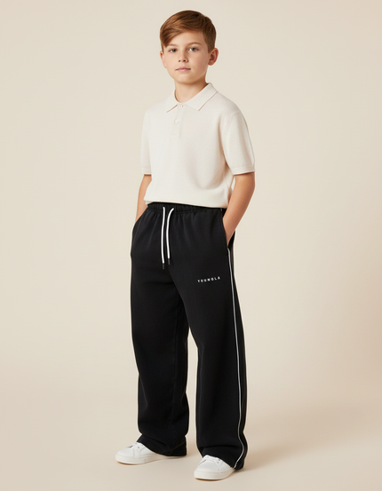 Pantalon Baggy Noir Ample Cordon Brodé Enfant - Molleton