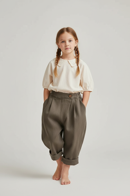 Pantalon Baggy Vert Kaki Coton Plissé Ample