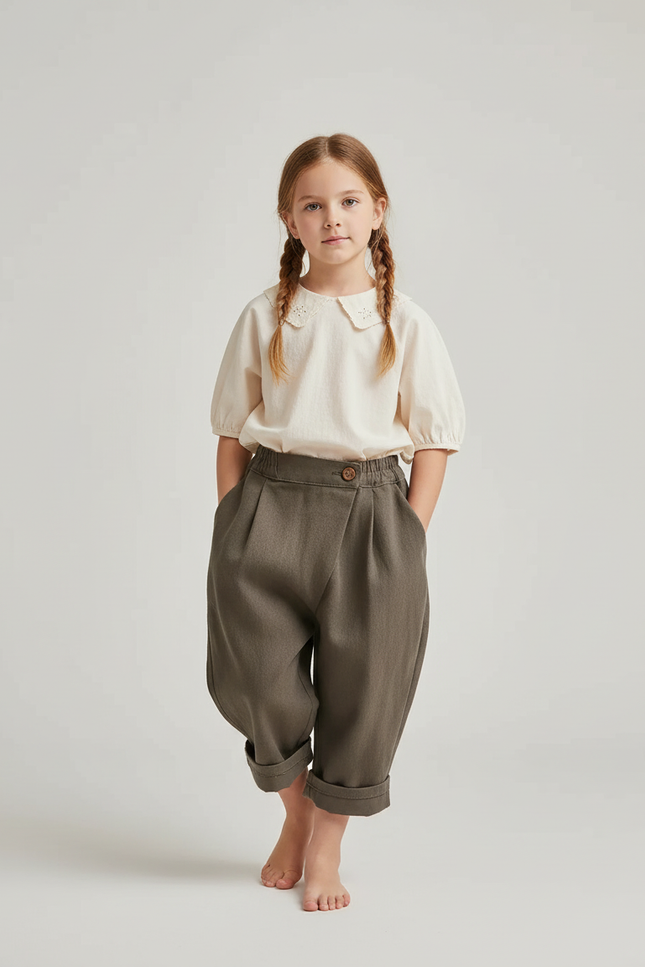Pantalon Baggy Vert Kaki Coton Plissé Ample