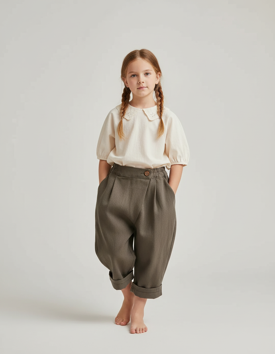 Pantalon Baggy Vert Kaki Coton Plissé Ample