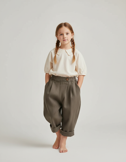 Pantalon Baggy Vert Kaki Coton Plissé Ample