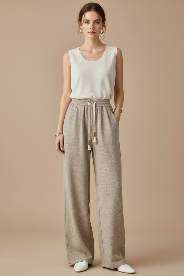 Pantalon Baggy Beige Cordon Ample Coton Décontracté - Molleton