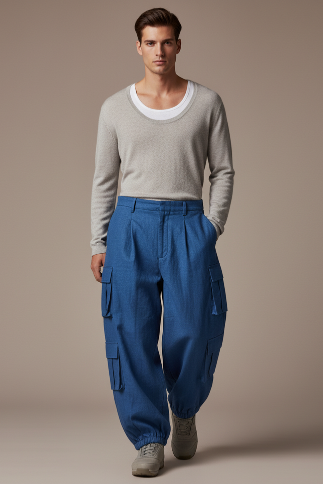 Pantalon Baggy Bleu Cargo Ample Homme - Toile