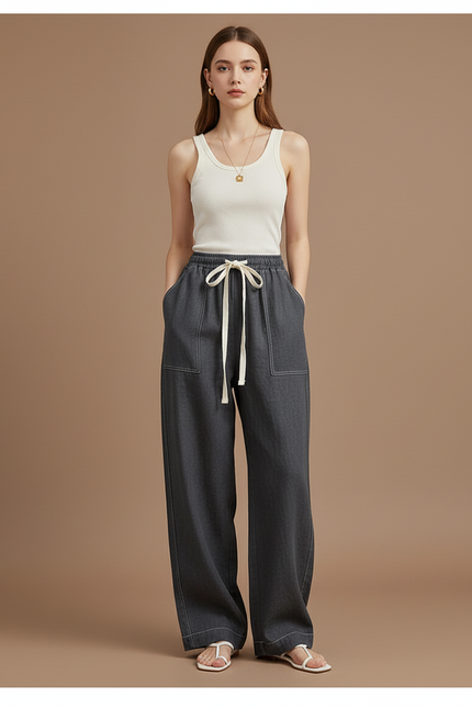 Pantalon Baggy Gris Foncé Cordon Large Décontracté Femme - Jean