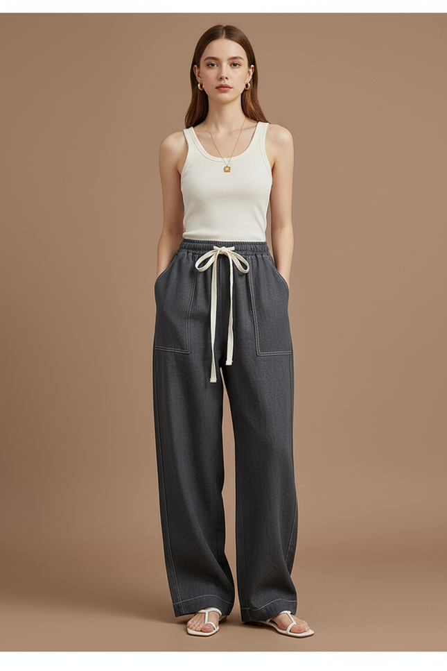 Pantalon Baggy Gris Foncé Cordon Large Décontracté Femme - Jean