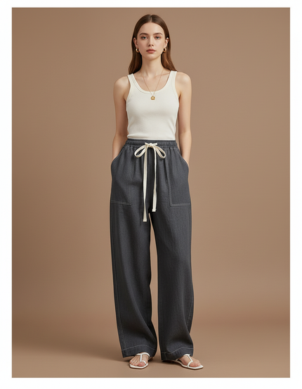 Pantalon Baggy Gris Foncé Cordon Large Décontracté Femme - Jean