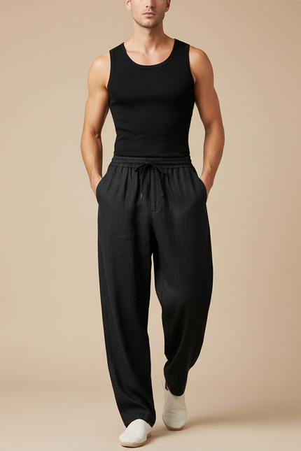 Pantalon Baggy Noir Lin Ample Cordon Décontracté Homme