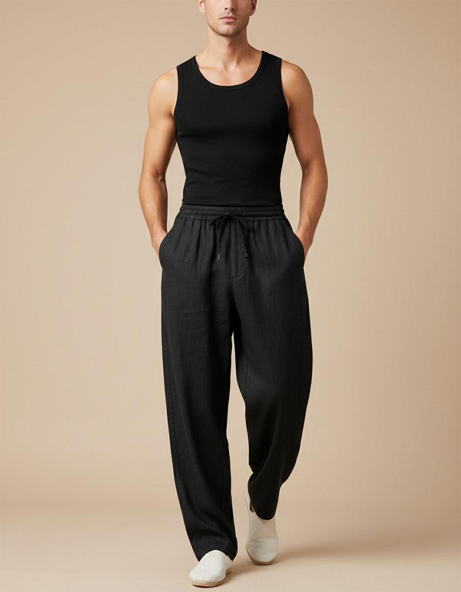 Pantalon Baggy Noir Lin Ample Cordon Décontracté Homme