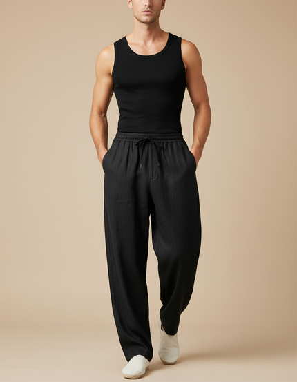 Pantalon Baggy Noir Lin Ample Cordon Décontracté Homme