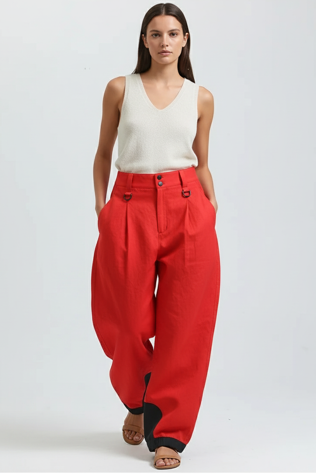Pantalon Baggy Rouge Ample Plissé Lin Femme
