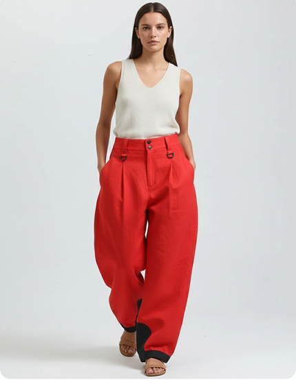 Pantalon Baggy Rouge Ample Plissé Lin Femme