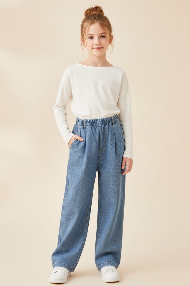 Pantalon Baggy Denim Ample Uni Décontracté Fille - Bleu Jean