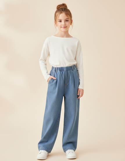 Pantalon Baggy Denim Ample Uni Décontracté Fille - Bleu Jean