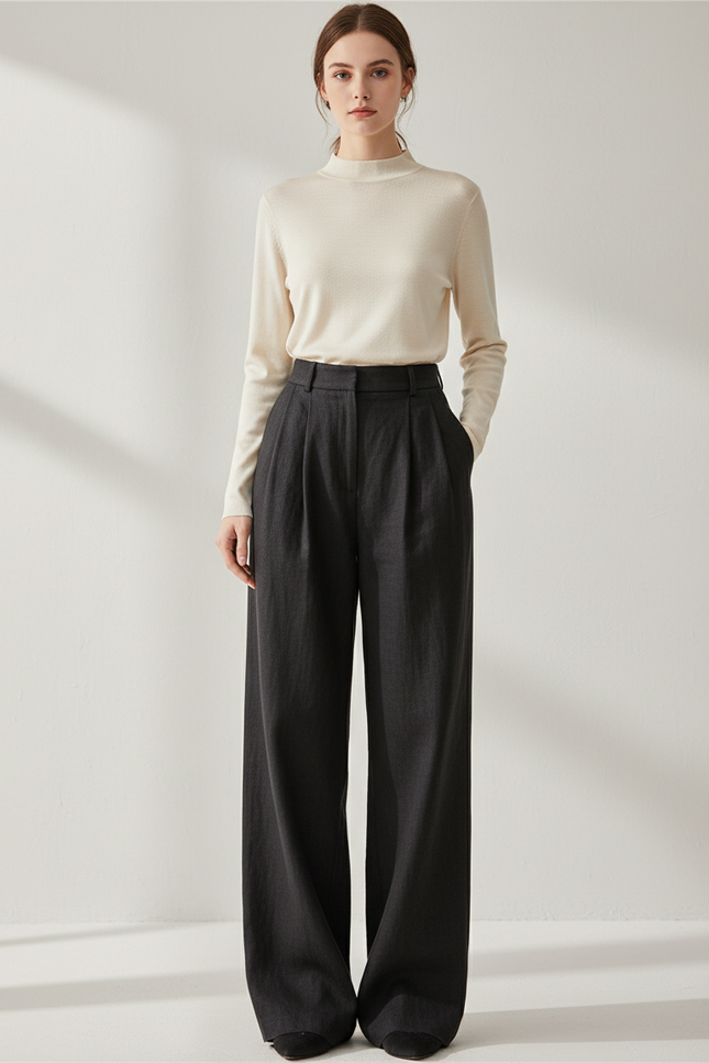Pantalon Baggy Gris Foncé Plissé Ample Femme - Lin