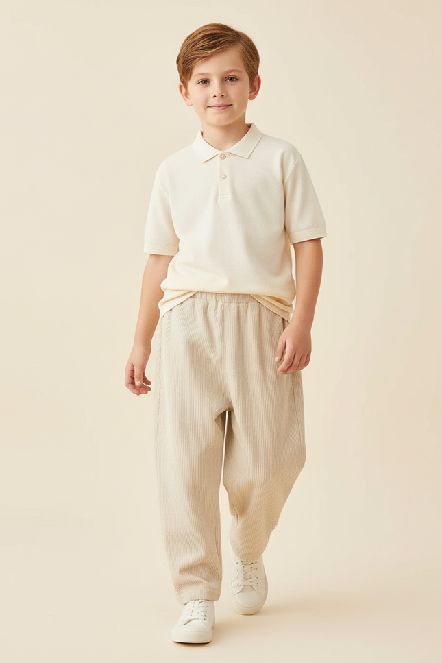 Pantalon Baggy Côtelé Ample Élastiqué Beige Enfant - Cordé