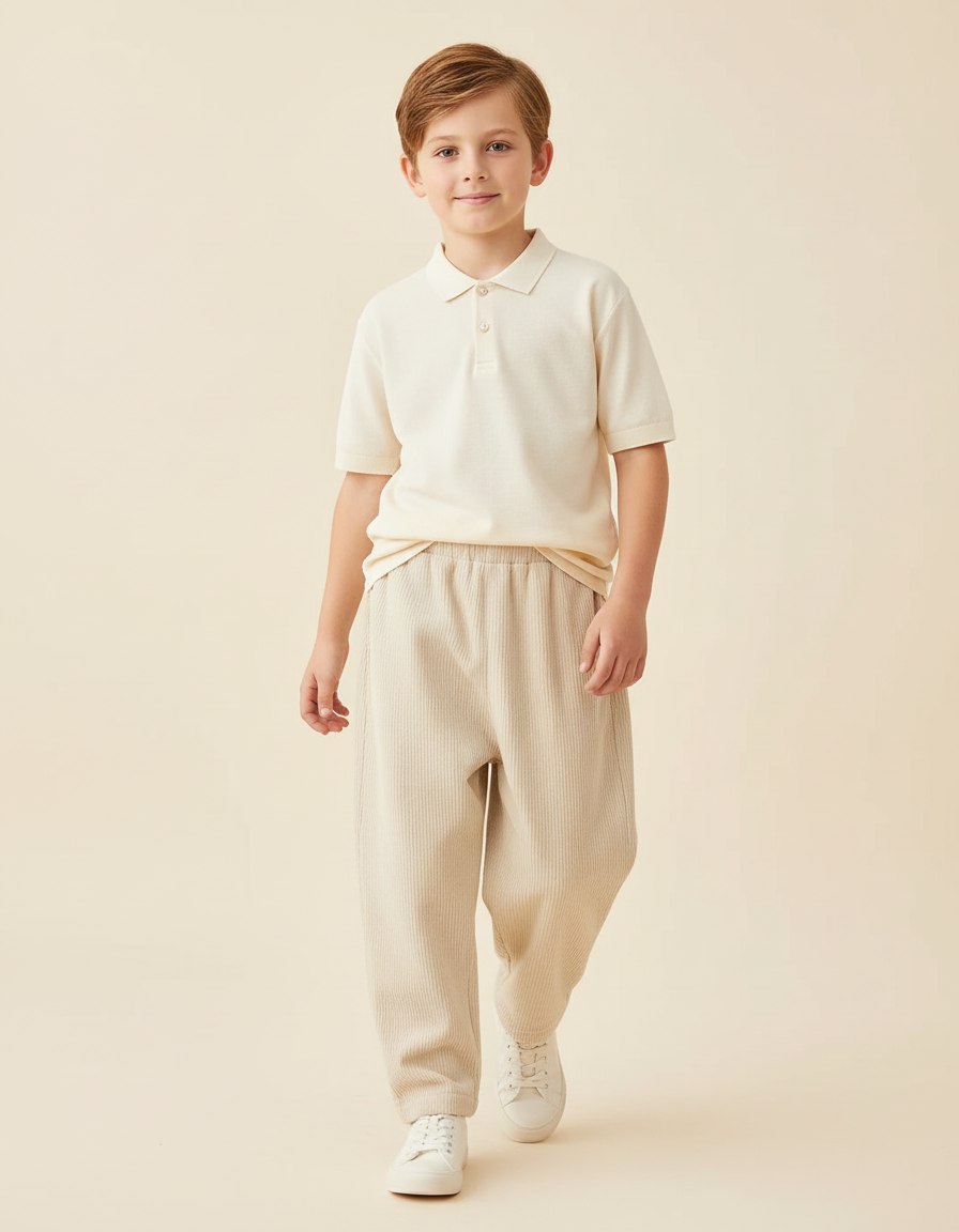 Pantalon Baggy Côtelé Ample Élastiqué Beige Enfant - Cordé