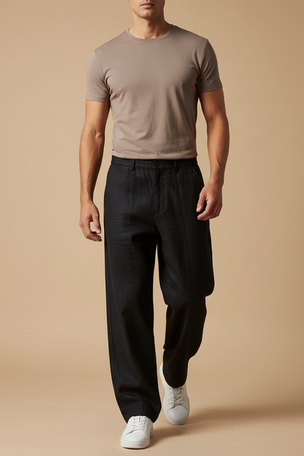 Pantalon Baggy Noir Ample Lin Décontracté Homme
