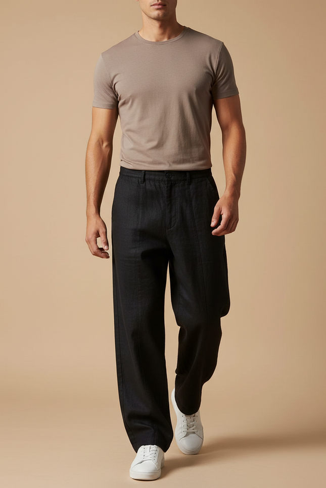 Pantalon Baggy Noir Ample Lin Décontracté Homme