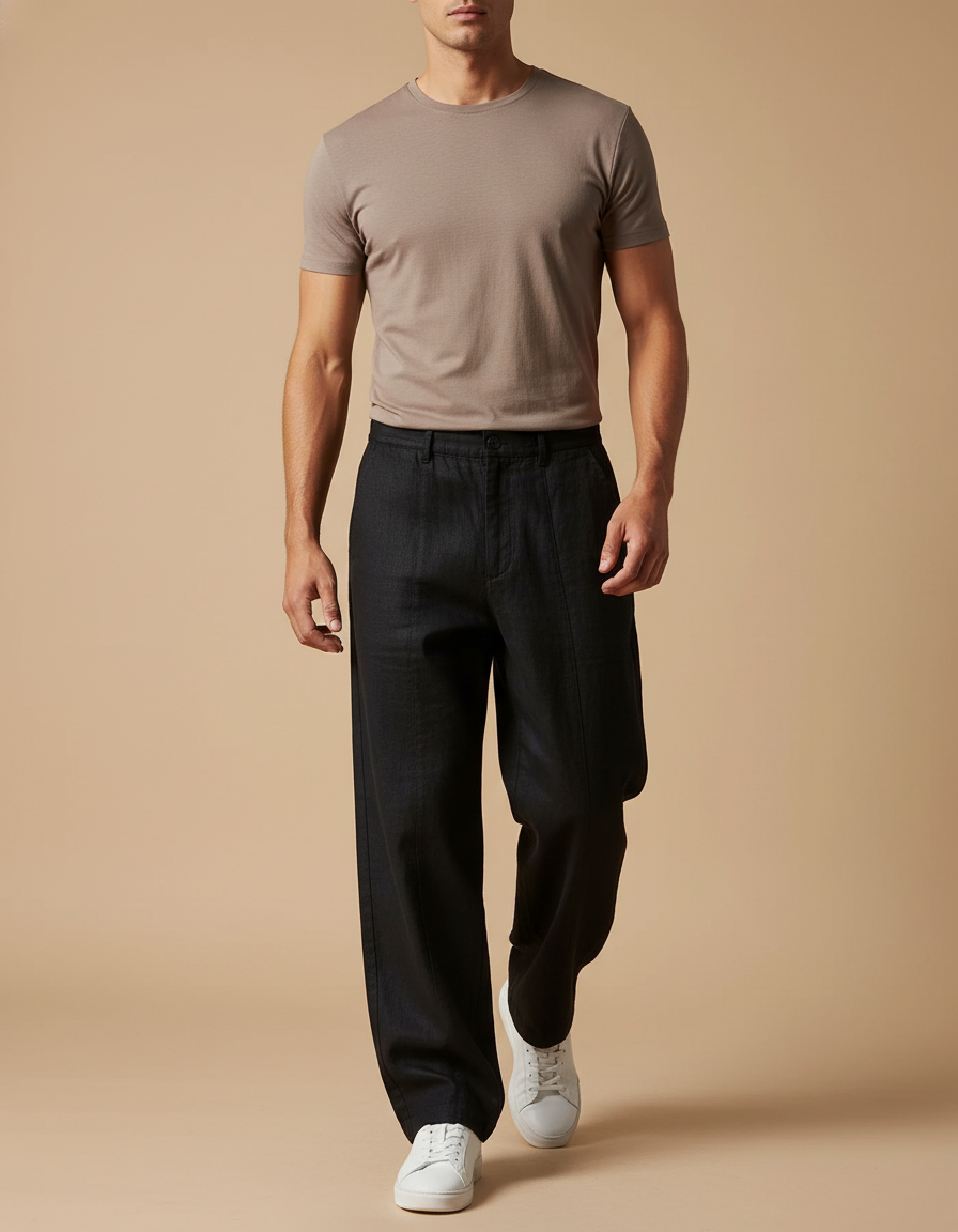 Pantalon Baggy Noir Ample Lin Décontracté Homme