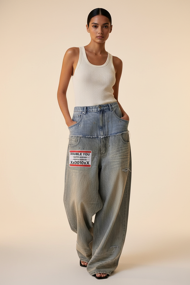 Pantalon Baggy Jean Délavé Ample Brodé Y2K - Gris