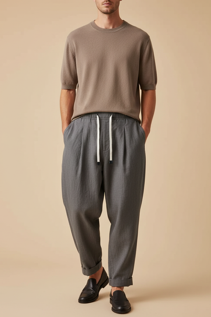 Pantalon Baggy Gris Plissé Cordon Confort Homme - Lin