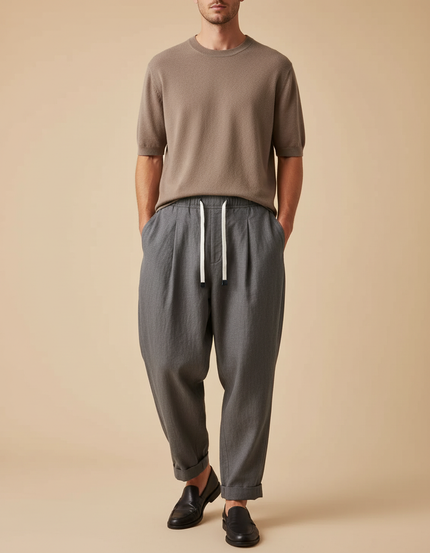 Pantalon Baggy Gris Plissé Cordon Confort Homme - Lin