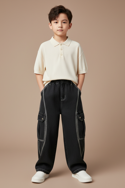 Pantalon Baggy Noir Denim Cargo Ample Garçon - Jean