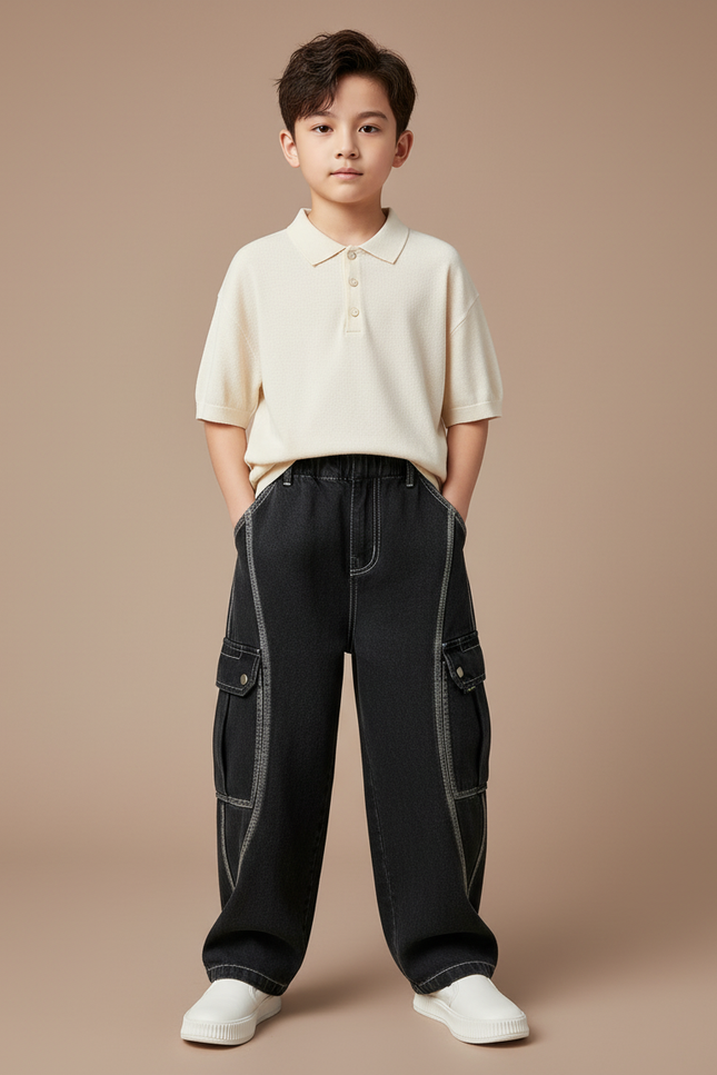 Pantalon Baggy Noir Denim Cargo Ample Garçon - Jean