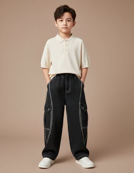 Pantalon Baggy Noir Denim Cargo Ample Garçon - Jean