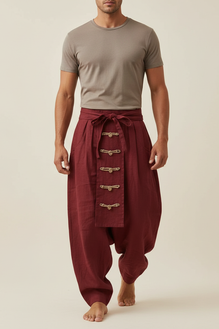 Pantalon Baggy Bordeaux Lin Ample Décontracté Homme