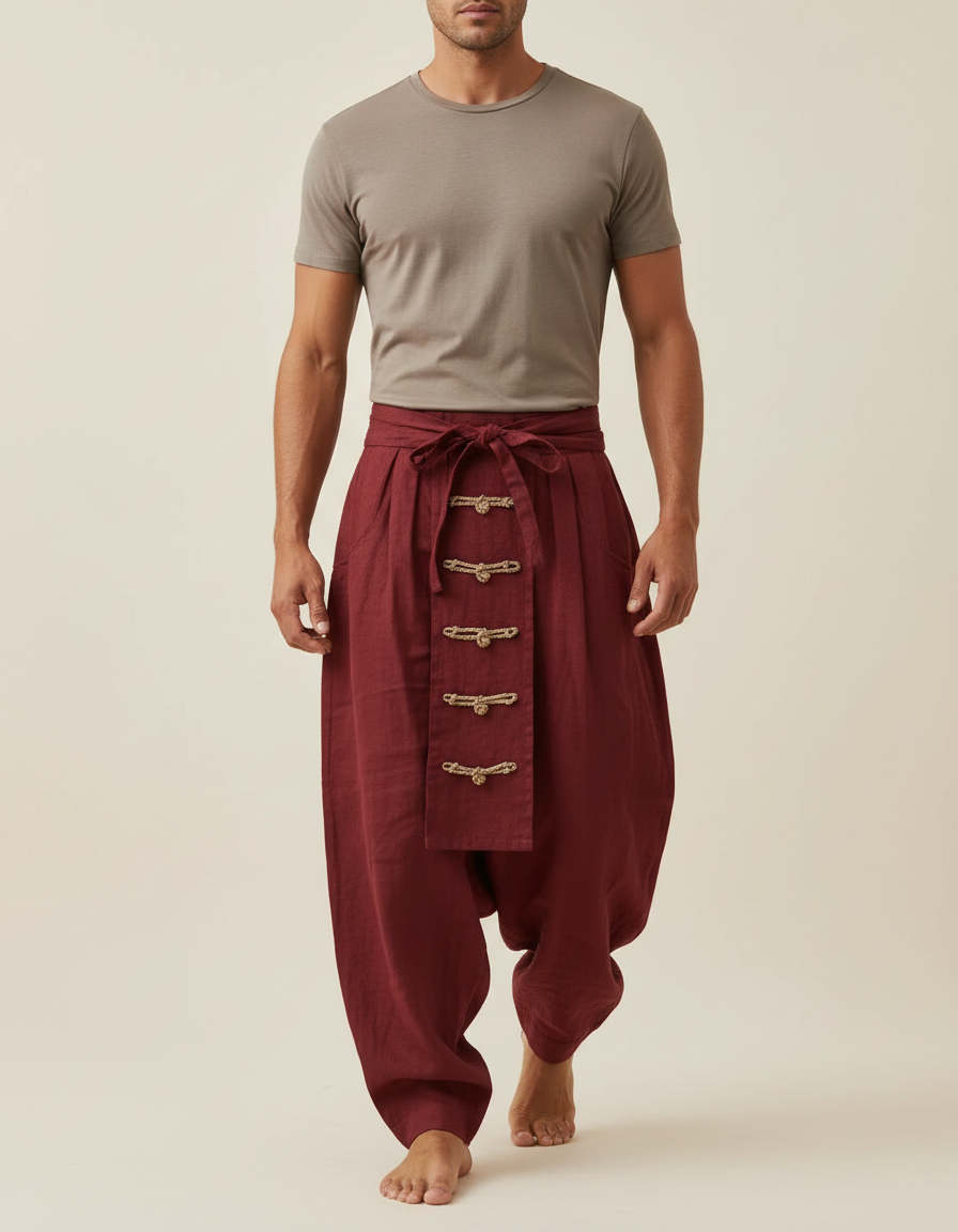 Pantalon Baggy Bordeaux Lin Ample Décontracté Homme