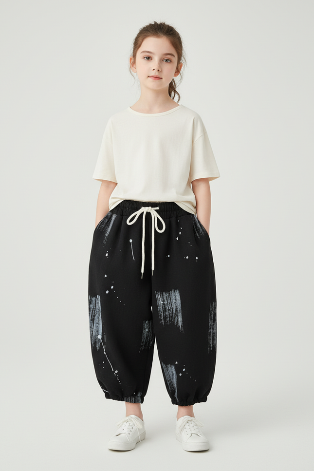 Pantalon Baggy Noir Peinture Coton Ample Enfant