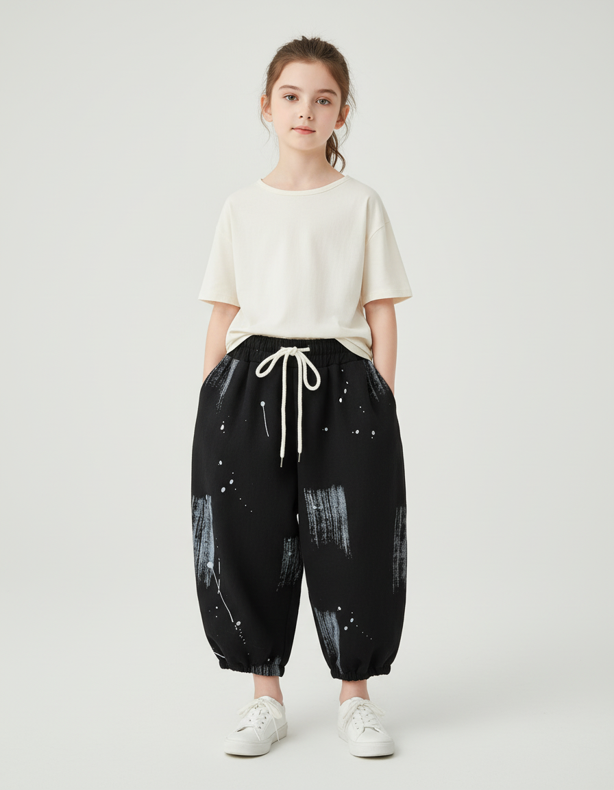 Pantalon Baggy Noir Peinture Coton Ample Enfant