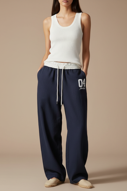 Pantalon Baggy Bleu Marine Ample Cordon Sportif - Molleton