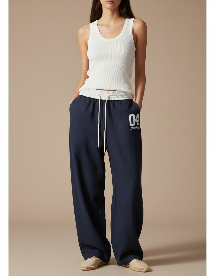 Pantalon Baggy Bleu Marine Ample Cordon Sportif - Molleton