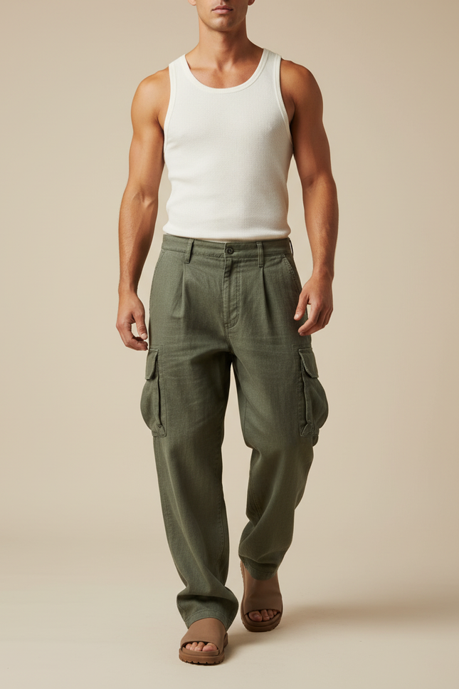 Pantalon Baggy Cargo Vert Olive Ample Plissé Décontracté - Kaki Toile