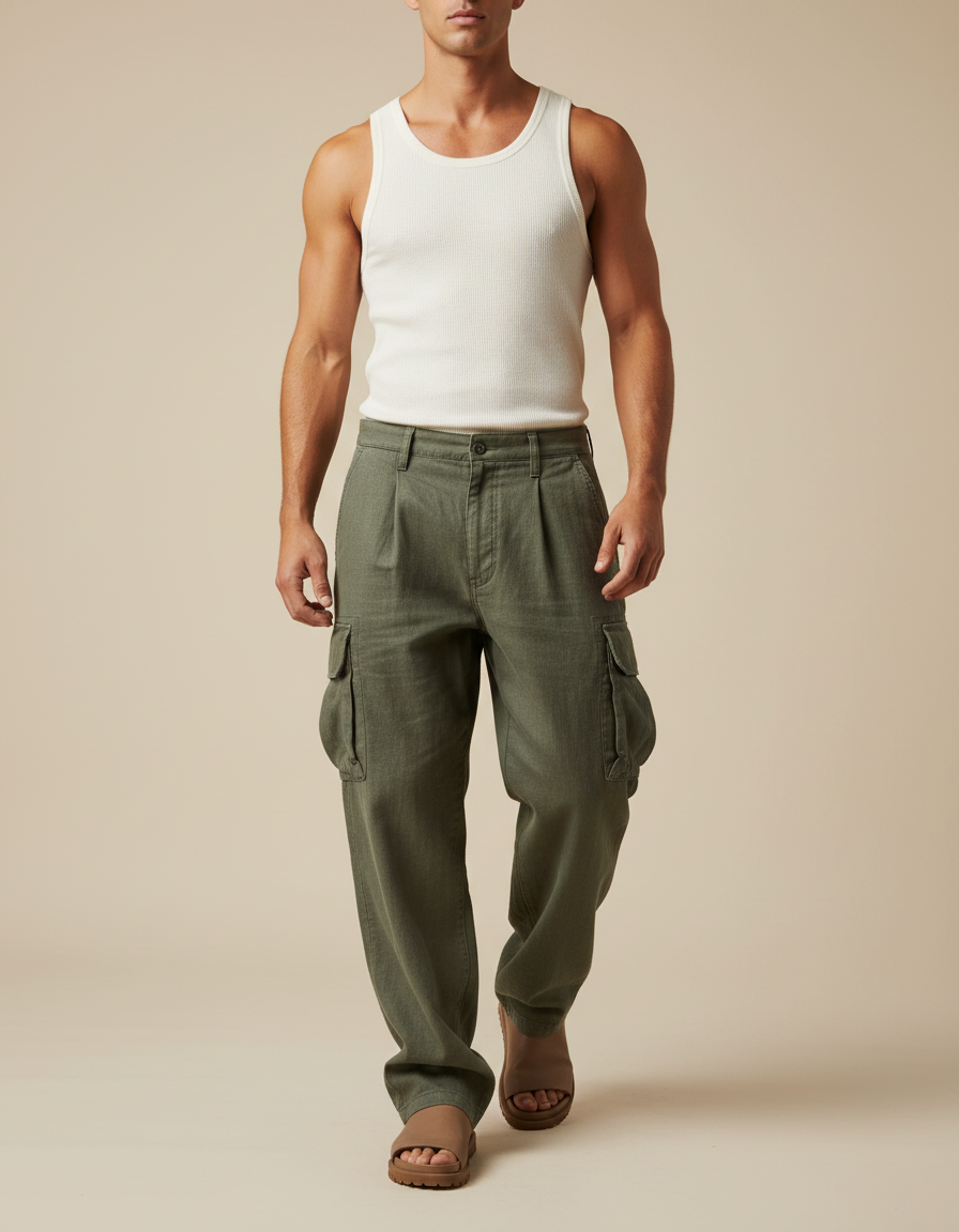 Pantalon Baggy Cargo Vert Olive Ample Plissé Décontracté - Kaki Toile