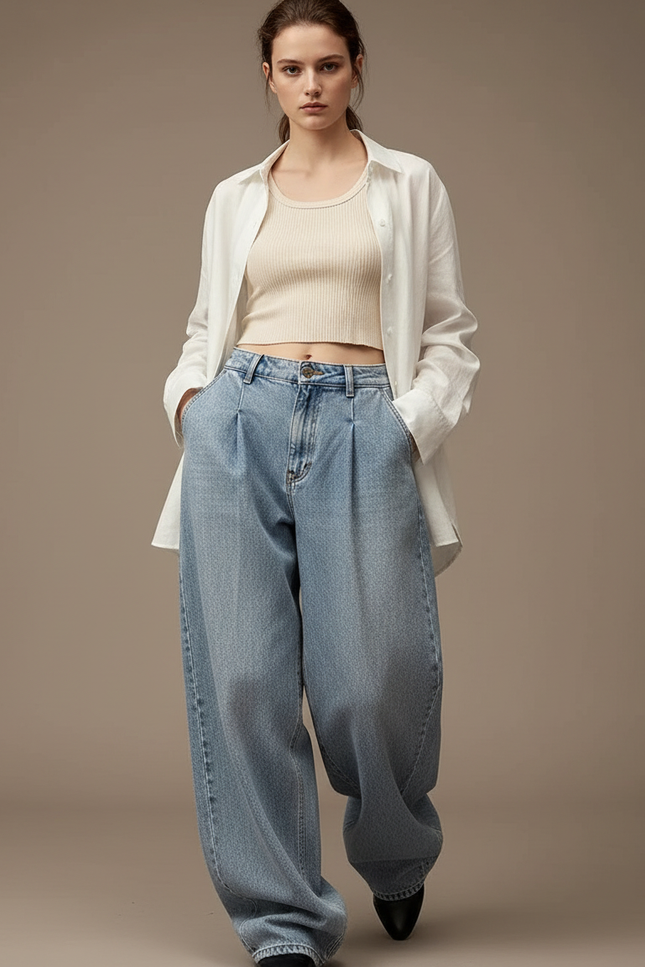 Pantalon Baggy Jean Bleu Ample Plissé Décontracté