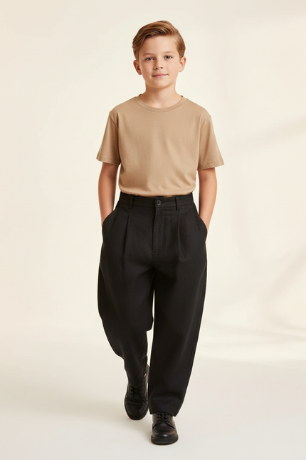 Pantalon Baggy Noir Ample Lin Garçon Élégant