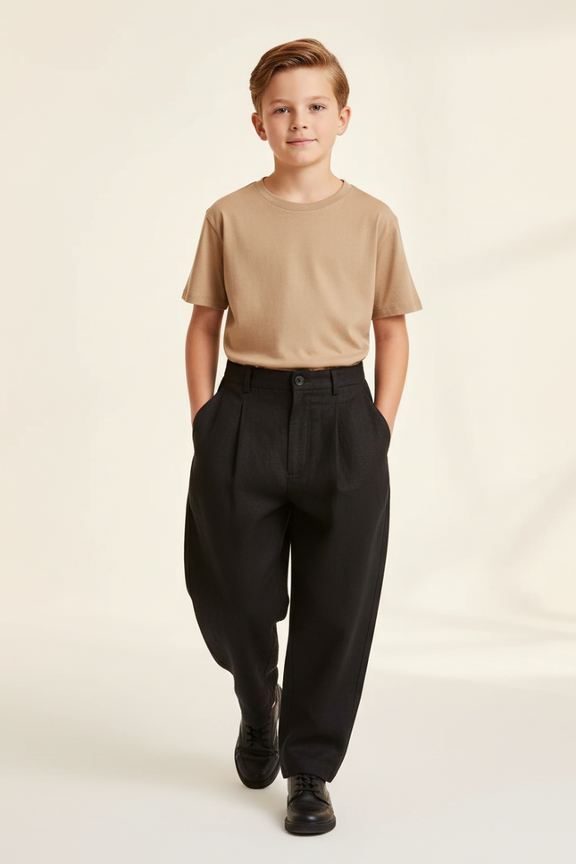 Pantalon Baggy Noir Ample Lin Garçon Élégant