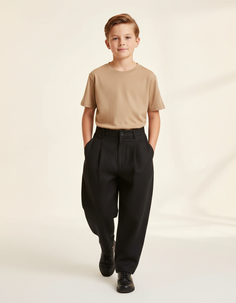 Pantalon Baggy Noir Ample Lin Garçon Élégant