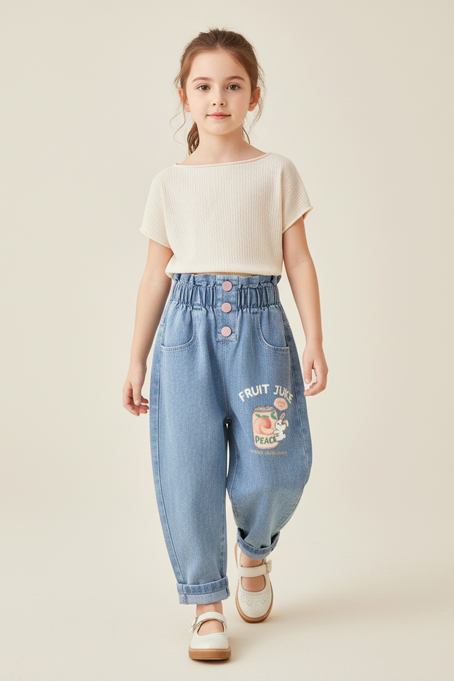 Pantalon Baggy Jean Bleu Brodé Taille Haute Fille