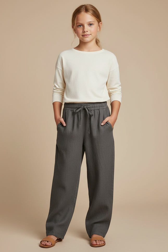 Pantalon Baggy Gris Lin Lâche Cordon Ample Décontracté