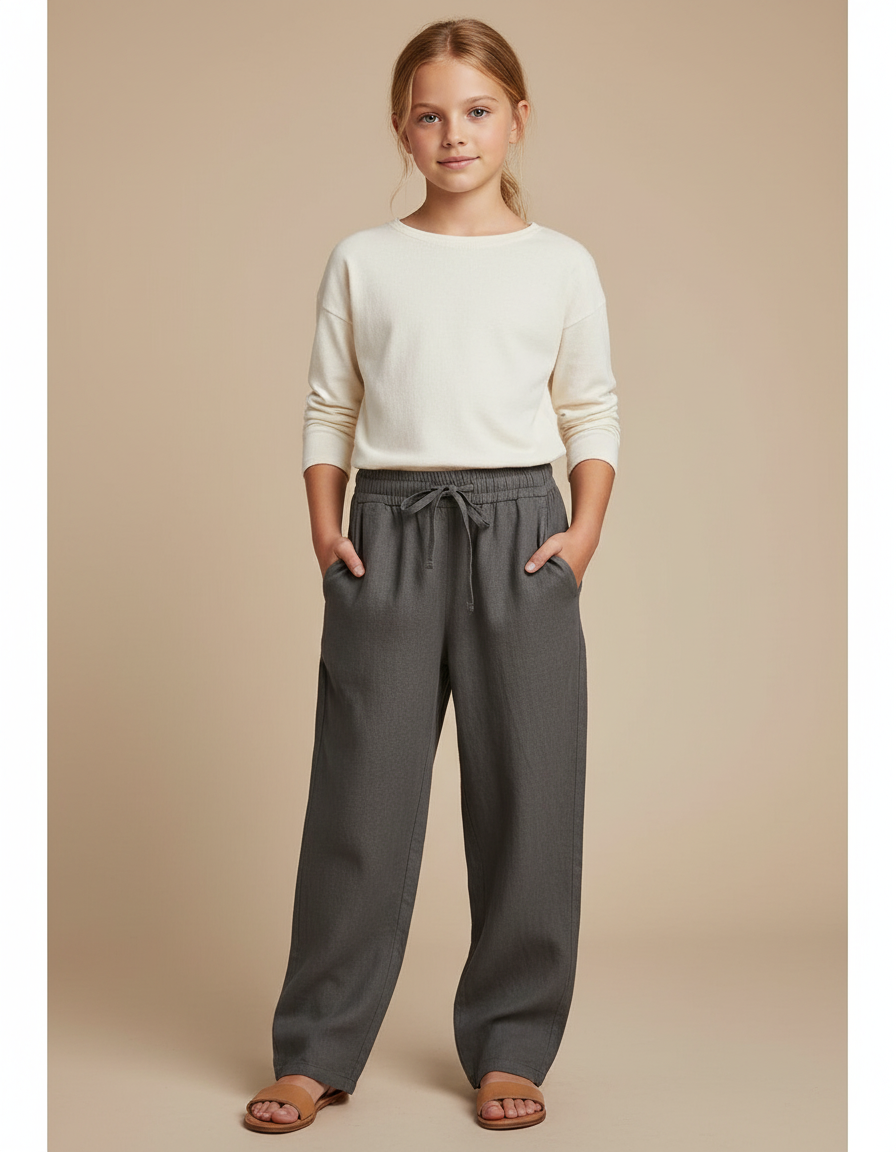 Pantalon Baggy Gris Lin Lâche Cordon Ample Décontracté