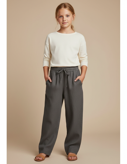 Pantalon Baggy Gris Lin Lâche Cordon Ample Décontracté