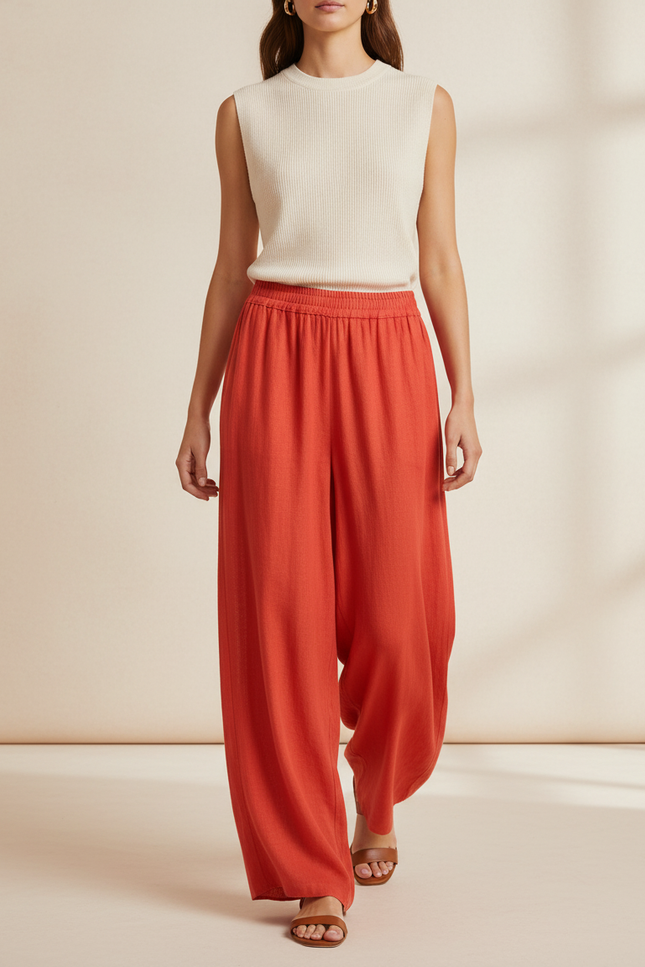 Pantalon Baggy Orange Ample Fluide Décontracté Femme - Lin
