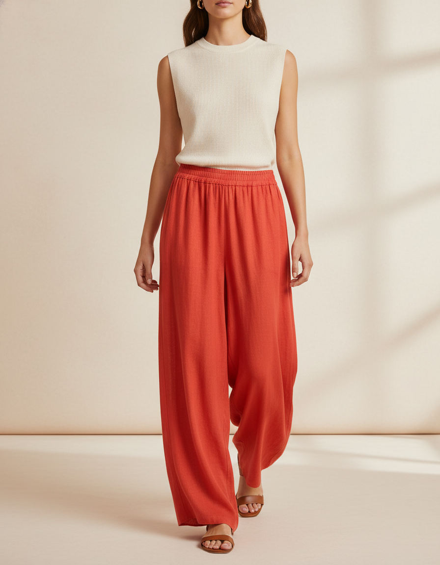 Pantalon Baggy Orange Ample Fluide Décontracté Femme - Lin
