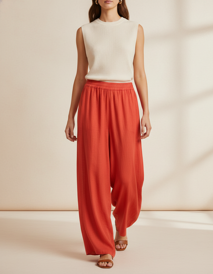 Pantalon Baggy Orange Ample Fluide Décontracté Femme - Lin